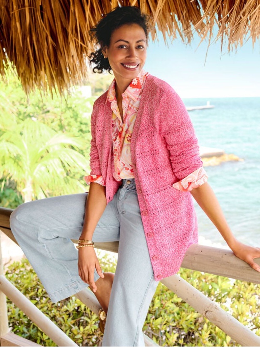 Talbots Pink 100% Cotton Marl Oversized Cardigan Preppy Cozy Spring